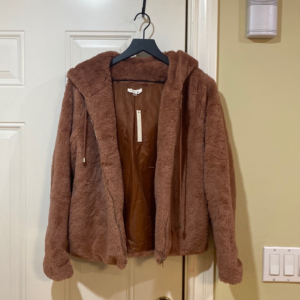 New Blush J Mauve Dusty Pink rose faux fur hood jacket